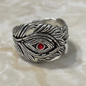 Silver Feather Red Crystal Evil Eye Ring